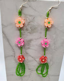 Fimo Flower Dangle Earrings with Green Seed Bead Stem