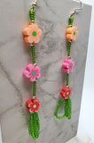 Fimo Flower Dangle Earrings with Green Seed Bead Stem