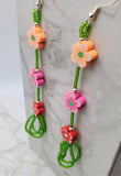 Fimo Flower Dangle Earrings with Green Seed Bead Stem