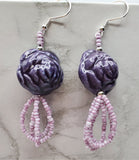 Large Purple Porcelain Rose Glass Bead Earrings with Purple Seed Bead Dangles