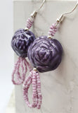 Large Purple Porcelain Rose Glass Bead Earrings with Purple Seed Bead Dangles