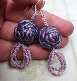 Large Purple Porcelain Rose Glass Bead Earrings with Purple Seed Bead Dangles