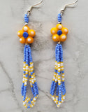 Yellow and Blue Glass Flower Bead Earrings with Seed Bead Dangles