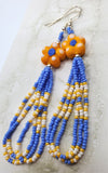 Yellow and Blue Glass Flower Bead Earrings with Seed Bead Dangles