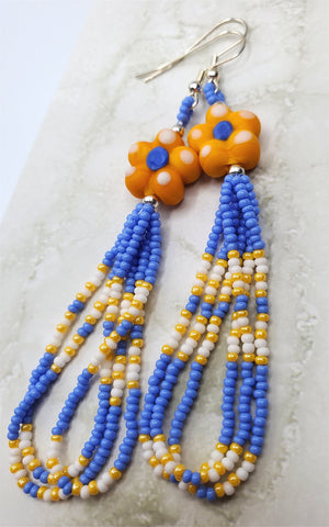 Yellow and Blue Glass Flower Bead Earrings with Seed Bead Dangles