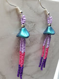 Teal Glass Flower Cap Bead Earrings with Pink and Purple Seed Bead Dangles
