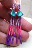 Teal Glass Flower Cap Bead Earrings with Pink and Purple Seed Bead Dangles