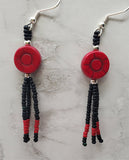 Red Dyed Magnesite Round Rose Bead Earrings with Black and Red Seed Bead Dangles