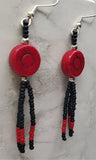Red Dyed Magnesite Round Rose Bead Earrings with Black and Red Seed Bead Dangles
