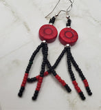 Red Dyed Magnesite Round Rose Bead Earrings with Black and Red Seed Bead Dangles