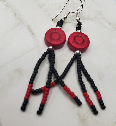 Red Dyed Magnesite Round Rose Bead Earrings with Black and Red Seed Bead Dangles