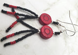 Red Dyed Magnesite Round Rose Bead Earrings with Black and Red Seed Bead Dangles