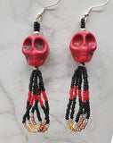 Red Dyed Magnesite Skull Earrings with Red, Black and Metallic Seed Bead Dangles