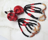 Red Dyed Magnesite Skull Earrings with Red, Black and Metallic Seed Bead Dangles