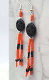 Black Dyed Magnesite Jack o' Lantern Bead Earrings with Black and Orange Seed Bead Dangles