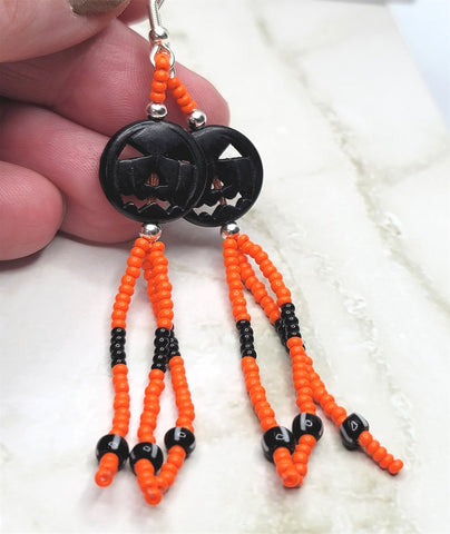 Black Dyed Magnesite Jack o' Lantern Bead Earrings with Black and Orange Seed Bead Dangles
