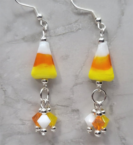 Candy Corn Lampwork Style Glass Bead Earrings with Swarovski Crystal Dangles