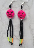 Fuchsia Dyed Magnesite Jack o' Lantern Bead Earrings with Black and UV Neon Reactive Seed Bead Dangles