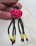 Fuchsia Dyed Magnesite Jack o' Lantern Bead Earrings with Black and UV Neon Reactive Seed Bead Dangles