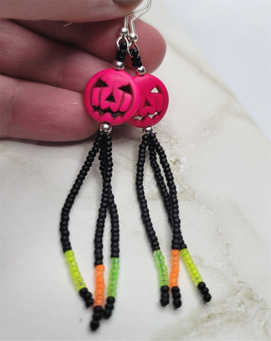 Fuchsia Dyed Magnesite Jack o' Lantern Bead Earrings with Black and UV Neon Reactive Seed Bead Dangles