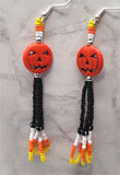 Orange Dyed Magnesite Jack o' Lantern Bead Earrings with Seed Bead Candy Corn Style Dangles