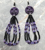 Purple Dyed Magnesite Jack o' Lantern Bead Earrings with Purple and Black Seed Bead Loop Dangles