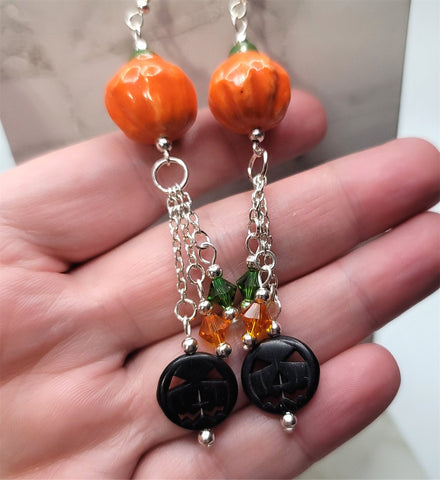 Orange Pumpkin Porcelain Bead Earrings with Magnesite Charms and Swarovski Crystal Dangles