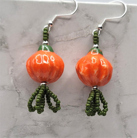 Orange Pumpkin Porcelain Bead Earrings with Matte Green Seed Bead Dangles