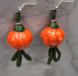 Orange Pumpkin Porcelain Bead Earrings with Matte Green Seed Bead Dangles