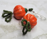 Orange Pumpkin Porcelain Bead Earrings with Matte Green Seed Bead Dangles