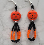 Orange Dyed Magnesite Jack o' Lantern Bead Earrings with Black and Orange Seed Bead Loop Dangles