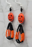 Orange Dyed Magnesite Jack o' Lantern Bead Earrings with Black and Orange Seed Bead Loop Dangles