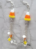 Candy Corn Lampwork Style Glass Bead Earrings with Bat Charm and Swarovski Crystal Dangles