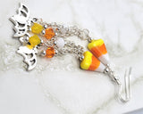 Candy Corn Lampwork Style Glass Bead Earrings with Bat Charm and Swarovski Crystal Dangles