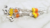 Candy Corn Lampwork Style Glass Bead Earrings with Bat Charm and Swarovski Crystal Dangles