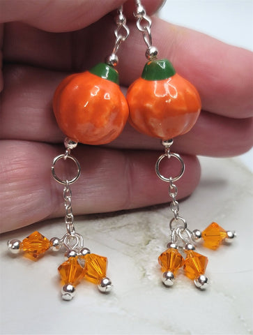Orange Pumpkin Porcelain Bead Earrings with Orange Swarovski Crystal Dangles
