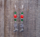 Red and Green Glass Bead Earrings with Christmas Stocking Charm Dangles