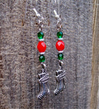 Red and Green Glass Bead Earrings with Christmas Stocking Charm Dangles