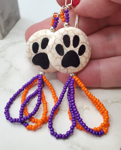Reconstituted Quartzite Paw Print Bead Earrings with Orange and Purple Seed Bead Dangles - Clemson Tiger Colors
