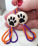 Reconstituted Quartzite Paw Print Bead Earrings with Orange and Purple Seed Bead Dangles - Clemson Tiger Colors