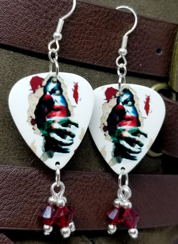 Terrifying Evil Clown Ripping Through Wall Guitar Pick Earrings with Red Swarovski Crystal Dangles