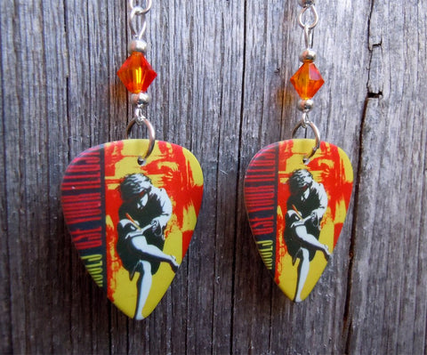 Guns n Roses Use Your Illusion I Guitar Pick Earrings with Fire Opal Swarovski Crystals