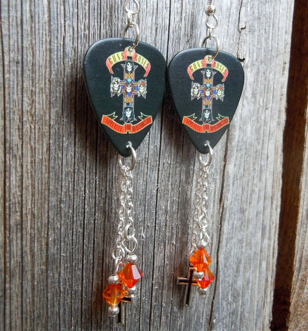 Guns n Roses Appetite For Destruction Guitar Pick Earrings with Cross Charm and Fire Opal Swarovski Crystal Dangles