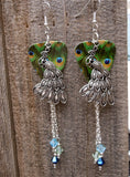 Peacock Charm Guitar Pick Earrings with Blue, Green and Aqua Swarovski Crystal Dangles