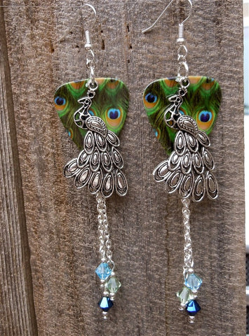 Peacock Charm Guitar Pick Earrings with Blue, Green and Aqua Swarovski Crystal Dangles