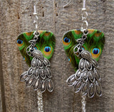 Peacock Charm Guitar Pick Earrings with Blue, Green and Aqua Swarovski Crystal Dangles