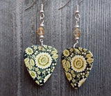 Tan Flowers on a Black Background Guitar Pick Earrings with Tan Swarovski Crystals