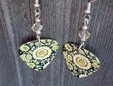 Tan Flowers on a Black Background Guitar Pick Earrings with Tan Swarovski Crystals