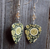 Tan Flowers on a Black Background Guitar Pick Earrings with Tan Swarovski Crystals
