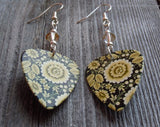 Tan Flowers on a Black Background Guitar Pick Earrings with Tan Swarovski Crystals